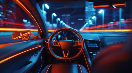 Wall Mural - futuristic car interior with vibrant neon lighting and advanced technology showcasing a sleek and dy