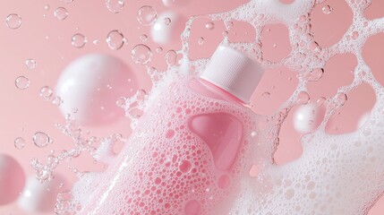 Poster - Pink Liquid Soap Bottle with Bubbles and Foam