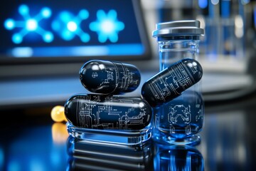 Wall Mural - Futuristic medicine bottles with digital labels showcasing advanced pharmaceutical technology and innovative design in a sleek high tech environment