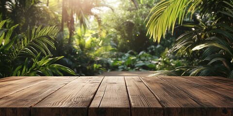 Poster - Blank Wooden Table with Lush Nature Backdrop for Outdoor Product Mockups 