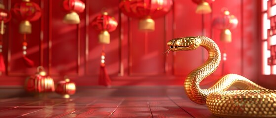 Happy chinese new year, year of the snake zodiac sign hanging beautiful lantern and flowers on red background. Copy space