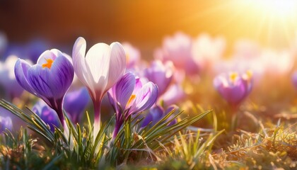 Wall Mural - spring flowers crocus blossoms on grass with sunlight