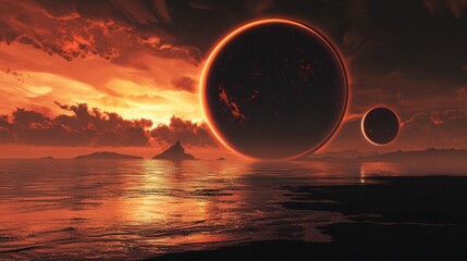 Poster - Alien Sunset with Red Sky and Planets over Water