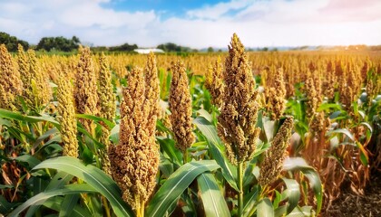 Wall Mural - biofuel and new boom food sorghum plantation industry field of sweet gluten free sorghum stalk and seeds isolated millet field agriculture field of sorghum durra milo jowari healthy nutrients