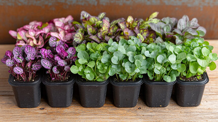 Wall Mural - variety of microgreens displayed on wooden trays, showcasing fresh, vibrant, and healthy greens. The image captures the diversity of plant life in a natural setting, emphasizing organic growth and sus