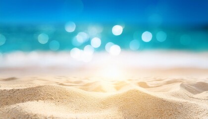 Wall Mural - sand with blue sea beach summer defocused background with glittering of sunlights