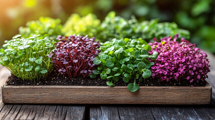 Wall Mural - variety of microgreens displayed on wooden trays, showcasing fresh, vibrant, and healthy greens. The image captures the diversity of plant life in a natural setting, emphasizing organic growth and sus