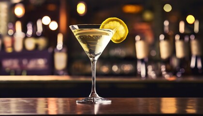 a martini glass with a lemon slice on top is sitting on a bar counter generate ai image