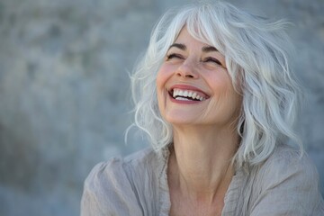 A cheerful elderly woman with white hair laughing heartily, exuding happiness and positivity. with generative ai