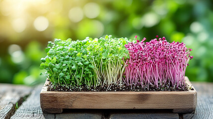 Wall Mural - variety of microgreens displayed on wooden trays, showcasing fresh, vibrant, and healthy greens. The image captures the diversity of plant life in a natural setting, emphasizing organic growth and sus