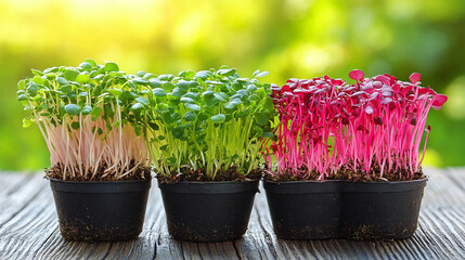 Wall Mural - variety of microgreens displayed on wooden trays, showcasing fresh, vibrant, and healthy greens. The image captures the diversity of plant life in a natural setting, emphasizing organic growth and sus