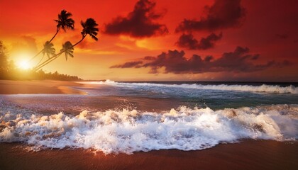 Wall Mural - waves crashing on a tropical beach with a red sky sunset