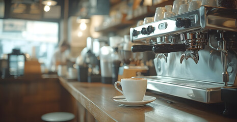 Wall Mural - A coffee shop with a counter and a coffee maker