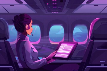 Poster - A flight attendant checks passenger details on a tablet while seated in an aircraft, surrounded by clouds and bright skies. Generative AI
