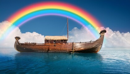 Sticker - noah s ark in the water and rainbow in the background generative ai