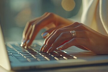 Woman typing on laptop with long nails. This image represents online work or communication.