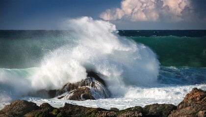 Wall Mural - a powerful ocean wave crashes onto the rocky picture