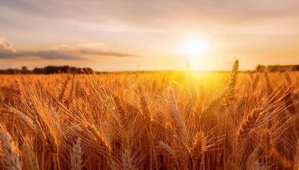 Wall Mural - the golden wheat field is bathed in the warm glow of sunset with the sun setting behind it the grain heads stand tall and full as if they were ready to be harvested