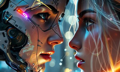Poster - Emotional encounter between a humanoid robot and a young woman in a futuristic city during twilight. Generative AI