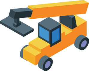 Poster - yellow mobile crane lifting construction materials on a building site, isometric vector illustration