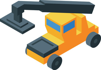 Poster - Yellow truck crane lifting heavy load construction site isometric view isolated on white background