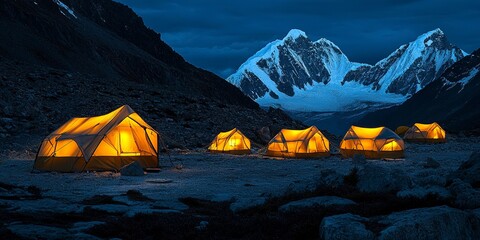 high altitude adventure: illuminated tents at everest base camp