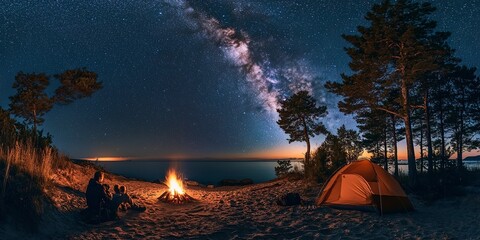 Canvas Print - resolution images A family camping near the sea, sitting around campfire under starry sky at night. The tent is set up on sandy beach surrounded by pine trees and the Milky Way visible in clear 