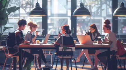 Fototapete - Young entrepreneurs engage in teamwork at a cafe, sharing ideas and working on laptops while enjoying coffee and snacks in a relaxed atmosphere. Generative AI