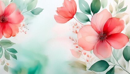 Wall Mural - abstract watercolor background with red and green flowers in delicate pastel colors