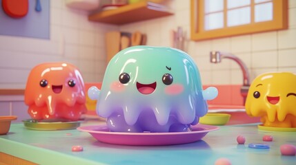 Kawaii Japanese cartoon-style jelly with a wobbly, giggly expression in a playful and colorful kitchen scene.