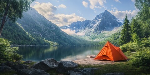 a vivid scene featuring a solitary orange tent by a lake surrounded by majestic mountains and lush g