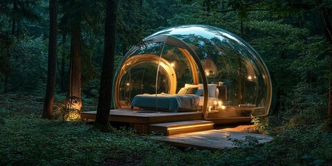 Canvas Print - experience luxury camping in a forest glamping bubble dome complete with led lights for a magical nighttime ambiance