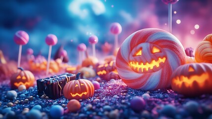 Vibrant Halloween scene featuring glowing pumpkins and colorful candies, perfect for festive designs and autumn celebrations.