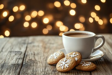 Cup of coffee with christmas cookies on wooden table and bokeh background with copy space with generative ai