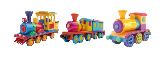 Wall Mural - Toy train set isolated on transparent background. Colorful toy trains with a whimsical design, perfect for children and playtime themes.