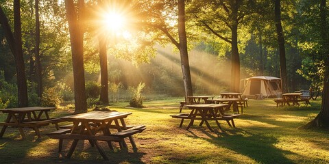 Canvas Print - Beautiful sunlight penetrates the forest. Stunning camping scene in a sunny garden complete with wooden tables and chairs