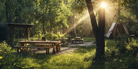 Poster - Beautiful sunlight penetrates the forest. Stunning camping scene in a sunny garden complete with wooden tables and chairs 