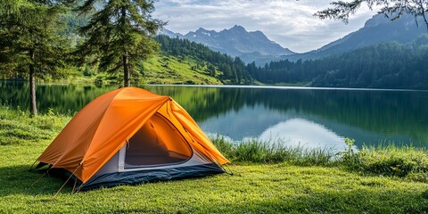 a vibrant orange tent is pitched on the green grass near a tranquil lake on a beautiful summer day