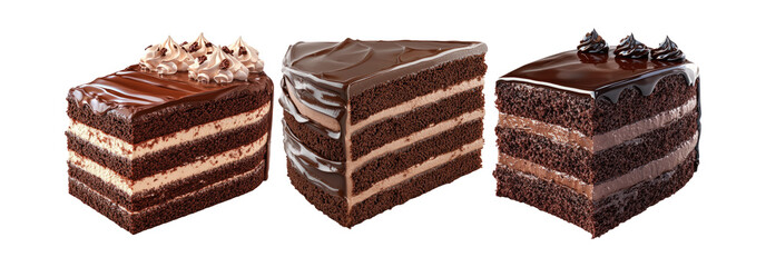 Wall Mural - Chocolate cake slice set isolated on transparent background. Rich chocolate cake slices, perfect for dessert and food themes.