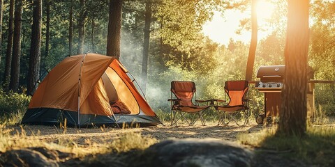 Camping outdoors with lots of sunlight with one tent Two outdoor camping chairs BBQ rack.