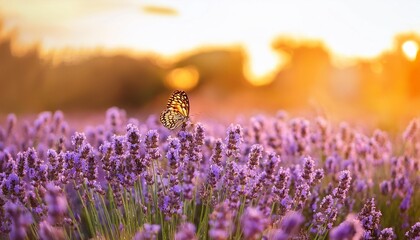 Wall Mural - wide field of lavender and butterfly in summer sunset panorama background