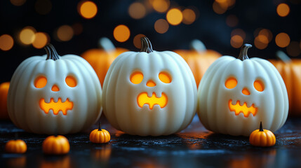 White pumpkins with scary carvings on black and orange bokeh background