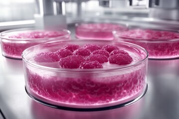 Poster - Glass containers holding vibrant pink biological samples in a sterile laboratory environment