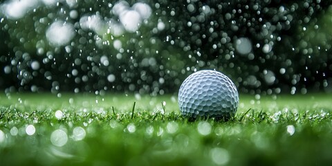 Wall Mural - Close-up of a golf ball lying on wet grass with fresh rain droplets falling around it in a serene golf course 