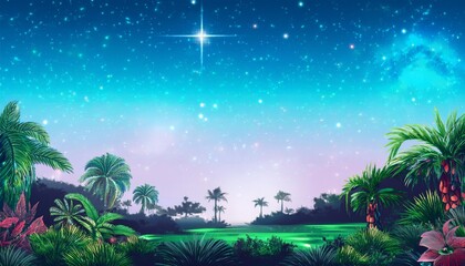 alien jungle landscape with lush pixel art vegetation and starry night sky for game background design