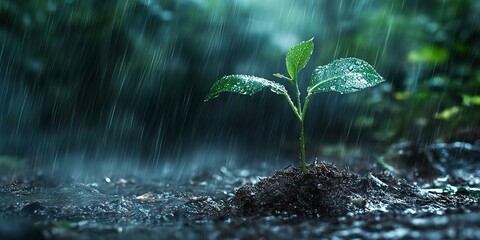 Poster - A rising young fresh plant, resiliently growing amidst heavy rain, symbolizes the arduous struggle for a new life, overcoming obstacles with tenacity.