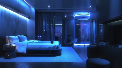 Sticker - Luxurious Minimalist Bedroom in a Futuristic Hotel with Unique Architectural Features