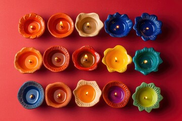 Happy Diwali - Clay Diya lamps lit during Diwali, Hindu festival of lights celebration. Colorful traditional oil lamp diya on red background with generative ai