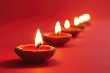 Happy Diwali - Clay Diya lamps lit during Diwali, Hindu festival of lights celebration. Colorful traditional oil lamp diya on red background with generative ai