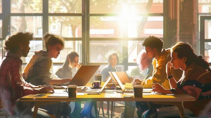 Poster - A group of young entrepreneurs brainstorm ideas while working with laptops and notebooks in a stylish cafe filled with natural light. Generative AI